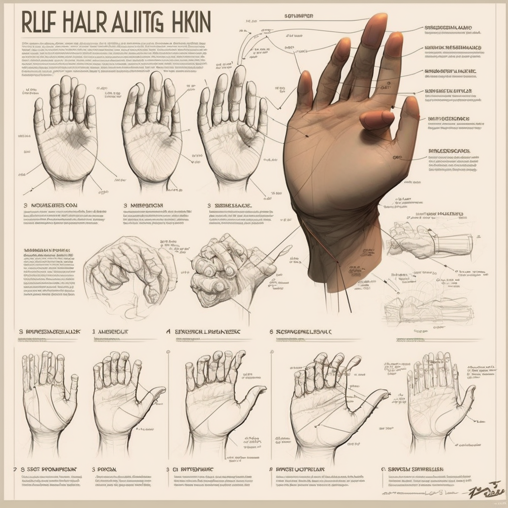 Several sketched diagrams surrounded by nonsense text as if it is a page about how to draw hands from an art textbook, but the hands are misshapen in various ways. Most of the hands have too many fingers -- up to ten. Several of the hands lack a thumb. Two diagrams appear to attempt to depict interlaced fingers, but come out a non-physical confused tangle of knuckles. One of the diagrams is photographic rather than sketched and shows a hand with an extra knuckle erupting from the palm, a wide middle finger that partially splits in two at the base, and a very small pinky.