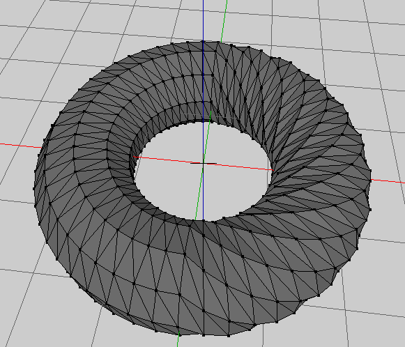 A torrus. The triangle surface tesselation on one side is in straight rows, but on the other side it is twisted.