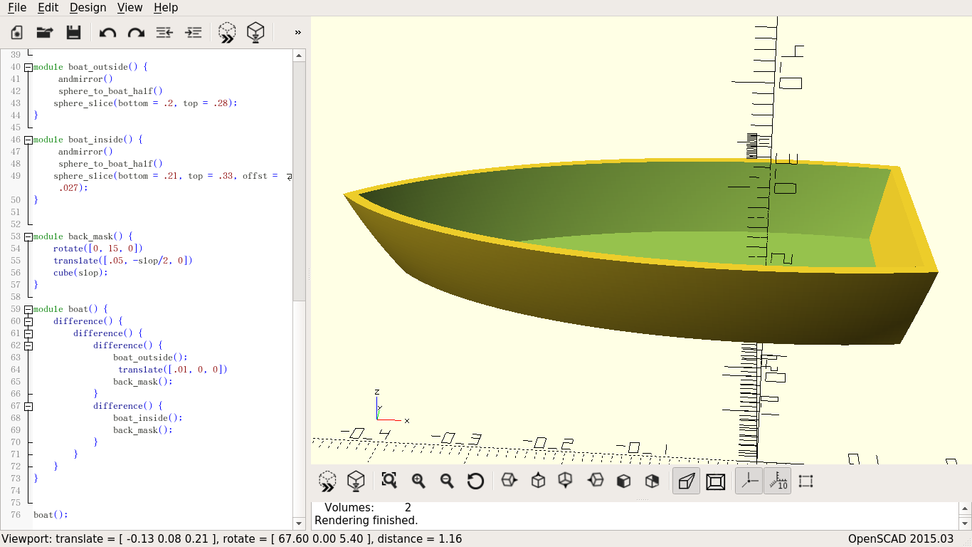 A simple, empty boat hull in the right pane of an editor, with the code that generates it in the left pane.