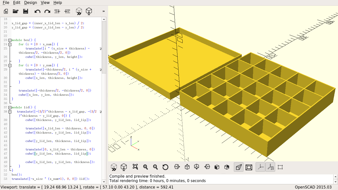 A box and lid. The box is subdivided into twenty-five compartements (5x5). This is in the right pane of an editor, with the code that generates it in the left pane.