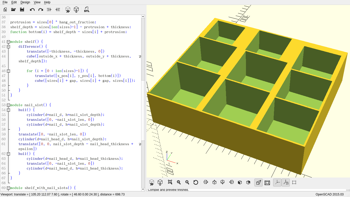 A box with nine square holes in a 3x3 grid, each hole a slighlty different size, in the right pane of an editor, with the code that generates it in the left pane.