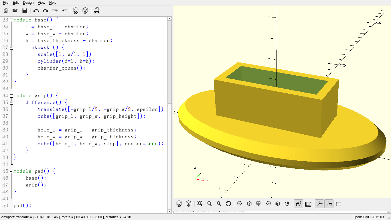 An oval with chamfered edges with a hollow box protruding from the top in the right pane of an editor, with the code that generates it in the left pane.