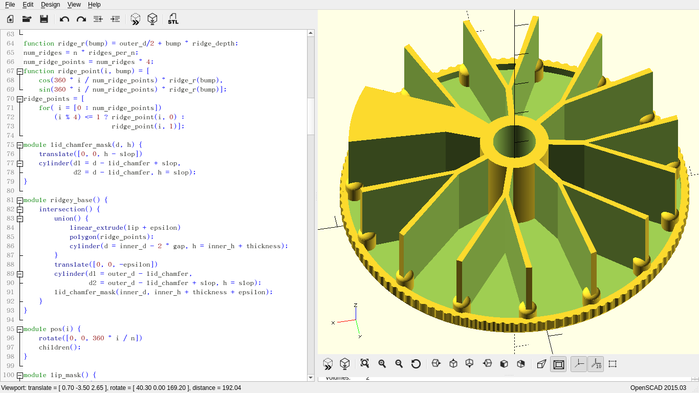 A part with fourteen open compartments, seven large and seven small, alternating, arranged around a circle in the right pane of an editor, with the code that generates it in the left pane.