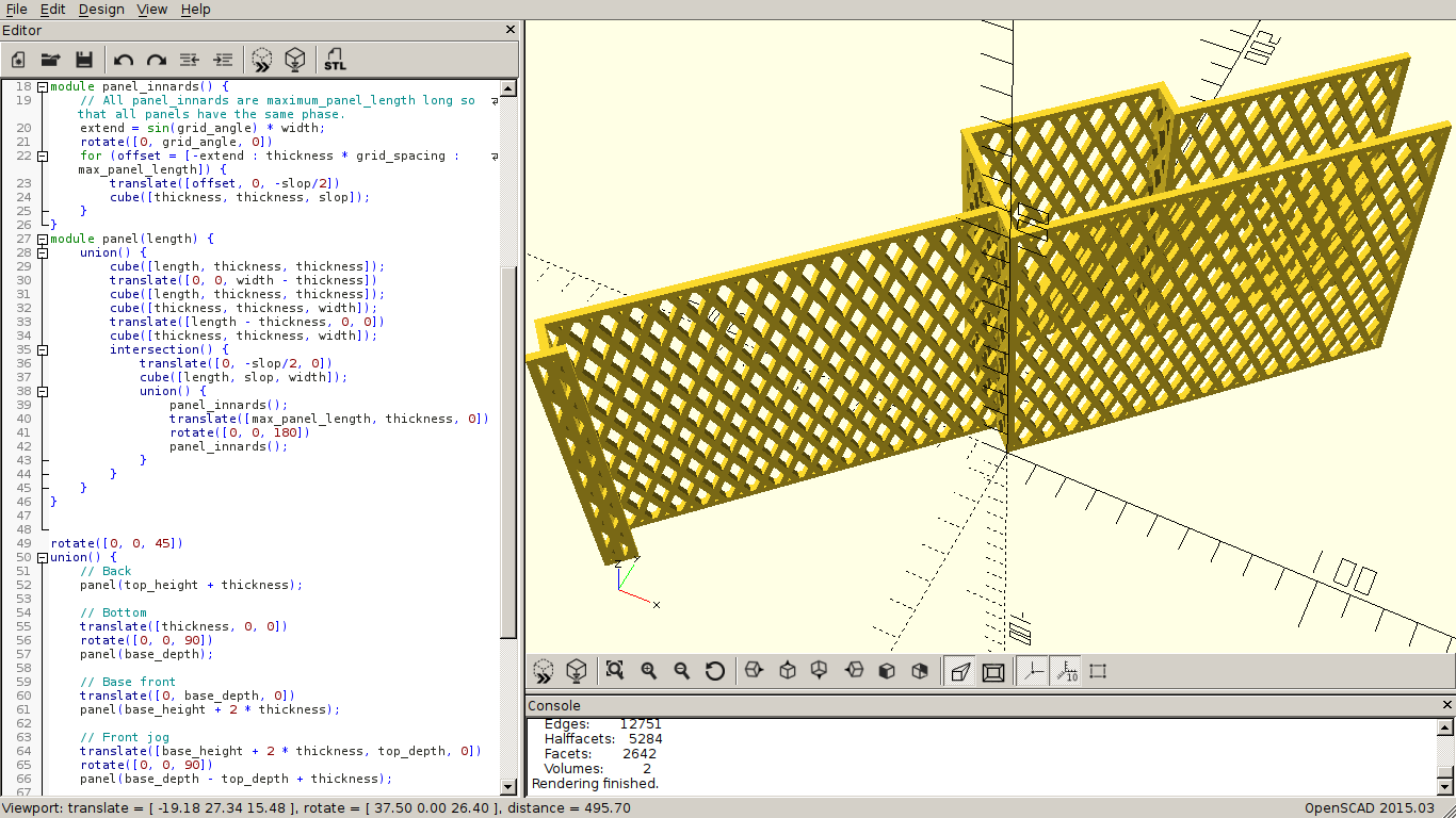 A latticed bracket in the right pane of an editor, with the code that generates it in the left pane.