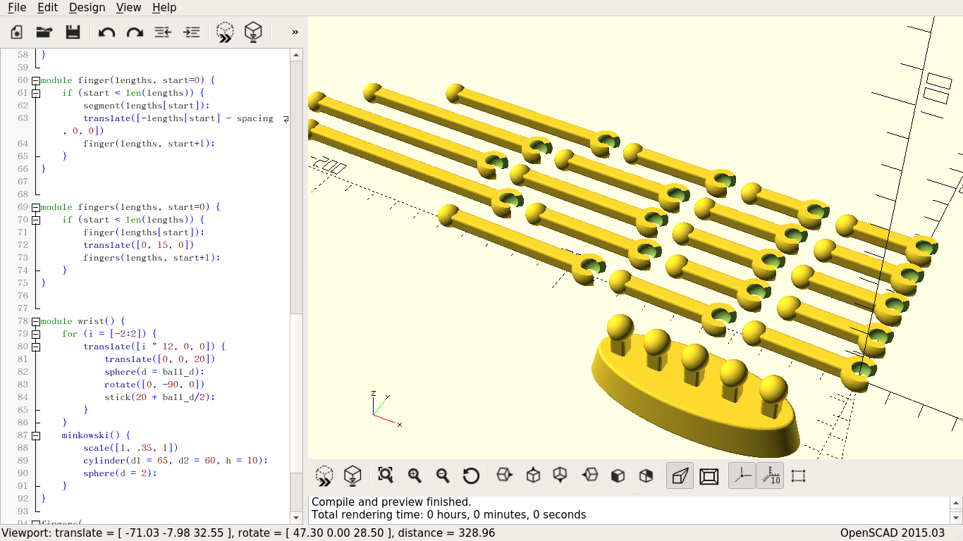 Ninteen rods of various lengths, each with a ball on one end and a socket on the other, and a base with five ball-joints protruding from it, all in the right pane of an editor, with the code that generates it in the left pane.