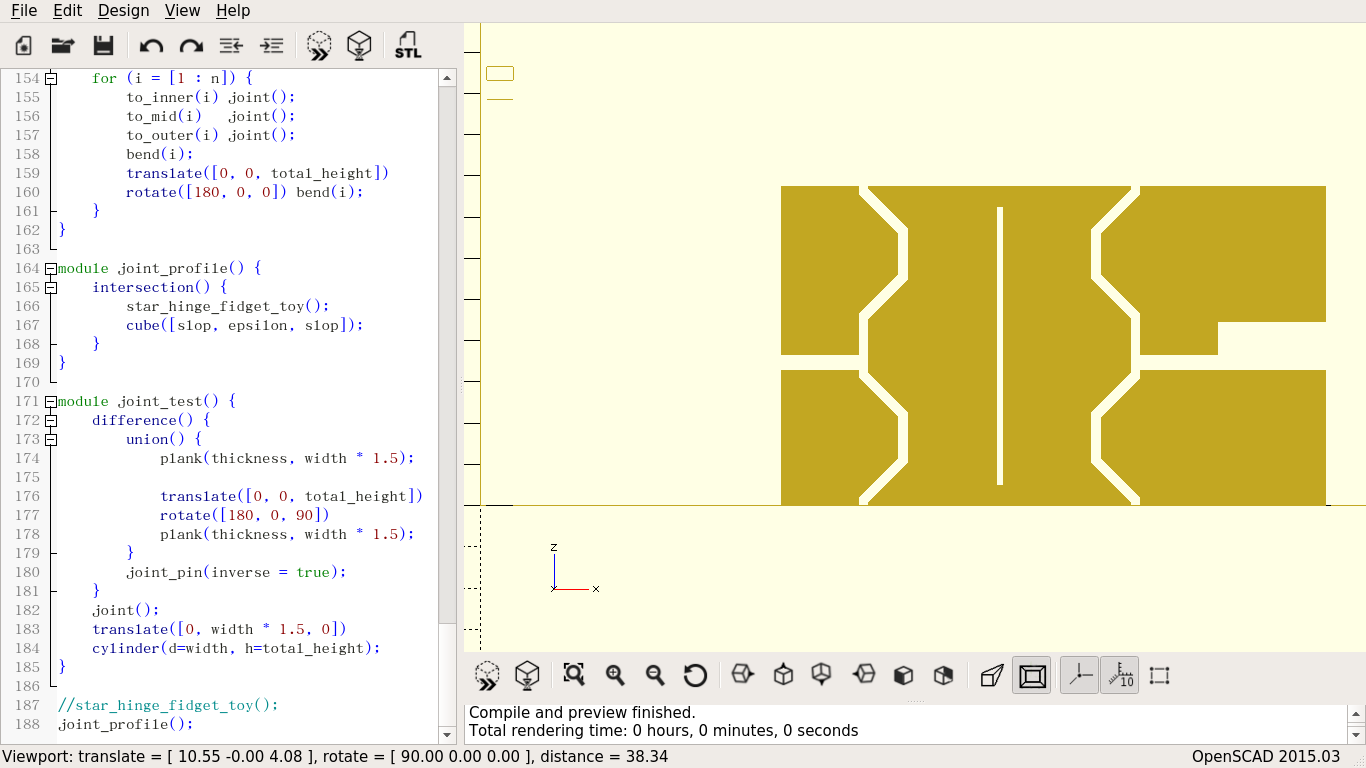 The cross-section of a hinge in the right pane of an editor, with the code that generates it in the left pane. The hinge pin is held captive because its ends are flared.