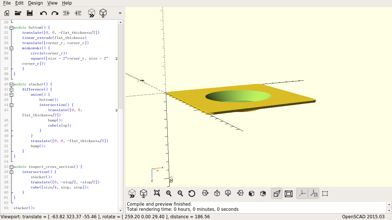 A flat square with a circular depression in the center in the right pane of an editor, with the code that generates it in the left pane.