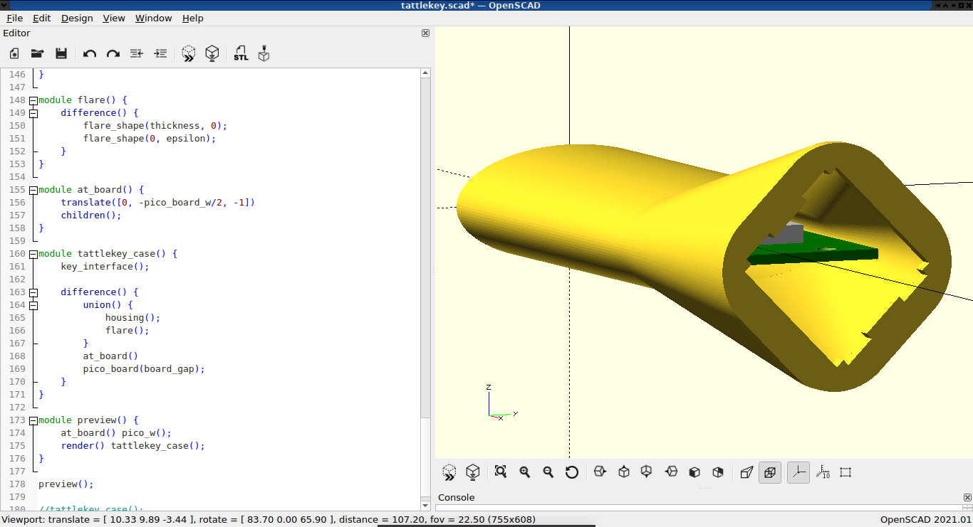 A flared hollow oval tube with a cut-out on the flared end for accepting one keyboard switch in the right pane of an editor, with the code that generates it in the left pane. There is a PCB inside the tube.